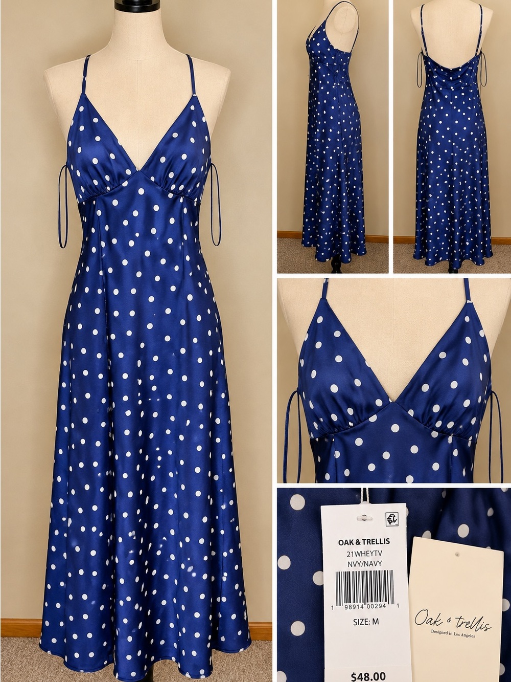 Navy Polka Dot Satin Maxi Dress